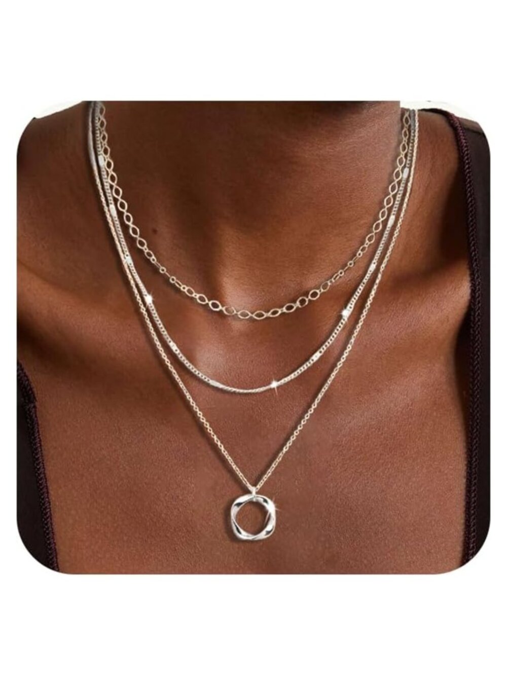 Layered Sterling Silver Plated Necklace Set with Paperclip and Strip Chains